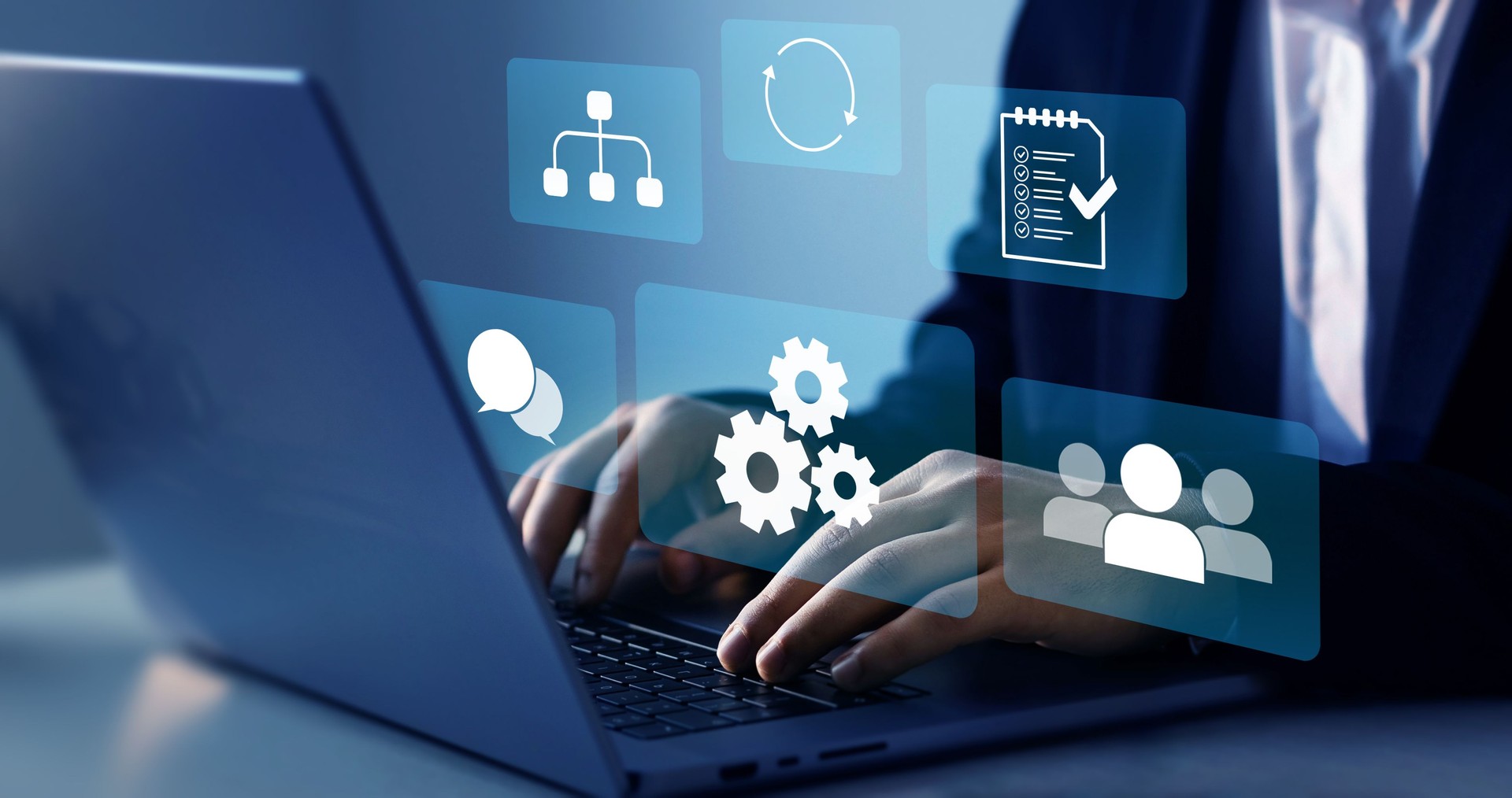 Businessman who works at laptop for technology development.Develop efficiency of business process with automation and improve technology  optimization.